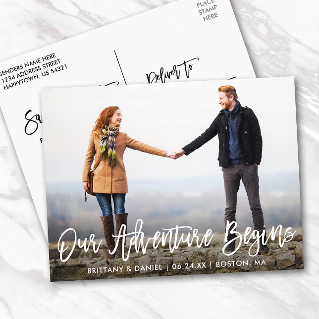 Brush Script Save The Date Adventure Photo Postcard (Customize to change your personalized text size or text style.)