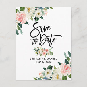 Brush Script  Save the Date Pink White Floral Announcement Postcard