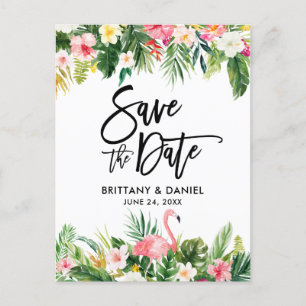 Brush Script  Save the Date Tropical Flamingo Postcard