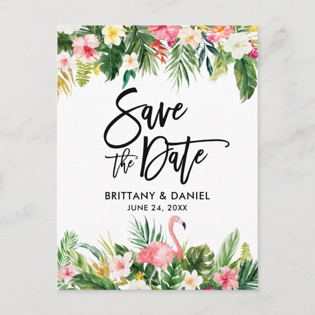Brush Script  Save the Date Tropical Flamingo Postcard (Front)
