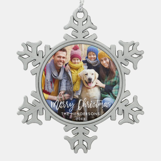 Brush Script Star Family Photo Merry Christmas Snowflake Pewter Christmas Ornament (Front)
