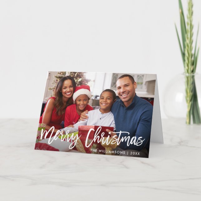 Brush Script Star Merry Christmas Photo Folded Holiday Card (Front)