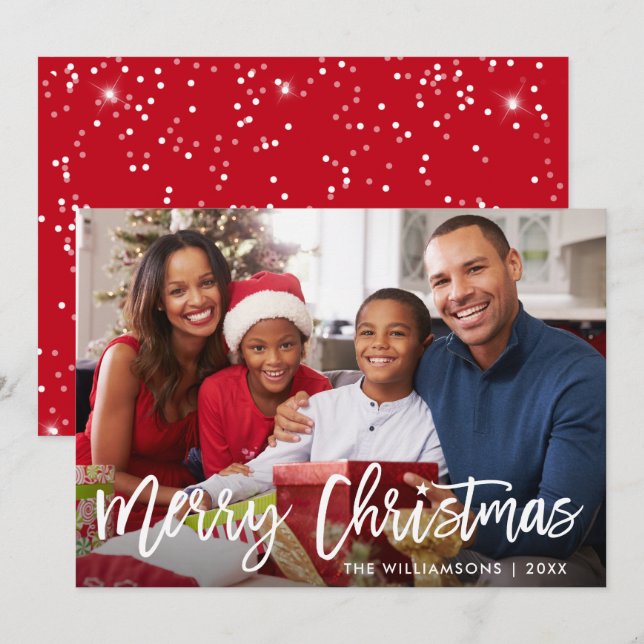 Brush Script Star Merry Christmas Photo Red Card (Front/Back)