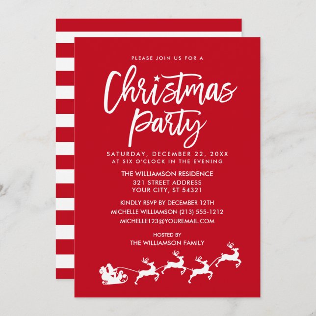 Brush Script Star Santa Christmas Party Striped Invitation (Front/Back)