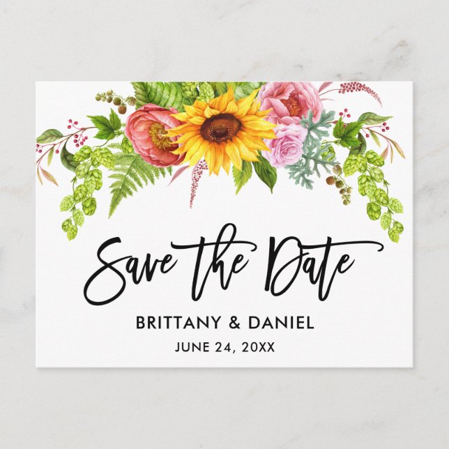 Brush Script Sunflower Boho Floral Save the Date Postcard (Front)