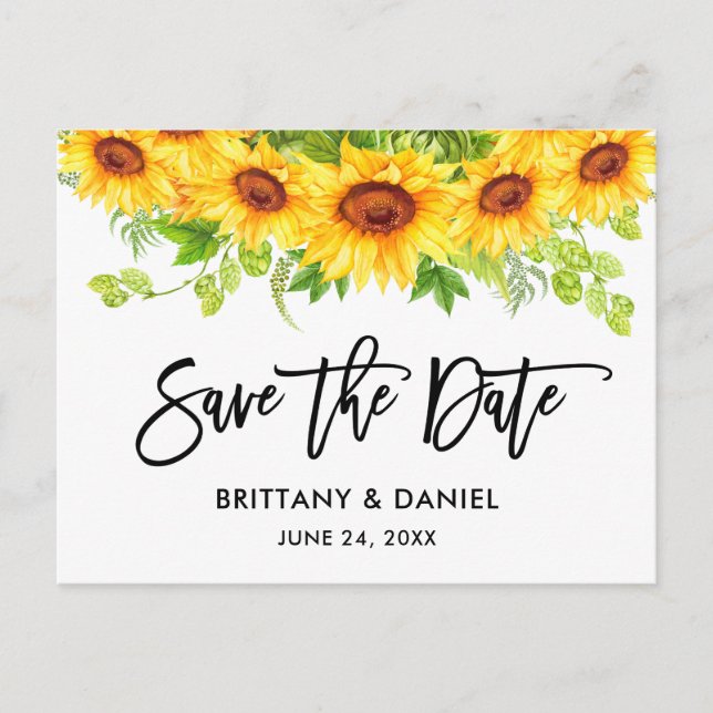 Brush Script Sunflower Floral Save the Date Postcard (Front)