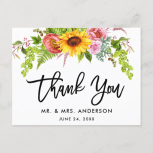 Brush Script Sunflower Floral Wedding Thank You Postcard