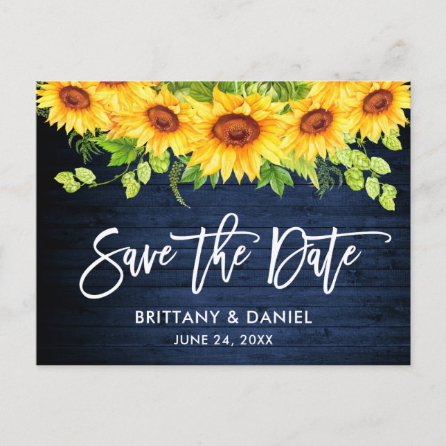 Brush Script Sunflowers Blue Wood Save the Date Postcard (Front)