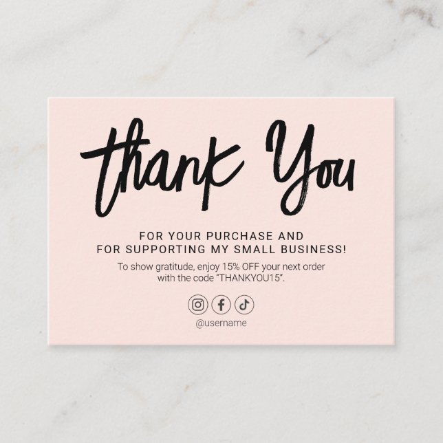 Brush Script Thank You Blush Pink Business Card (Front)
