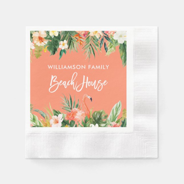 Brush Script Tropical Coral Beach House Cocktail Napkin (Front)