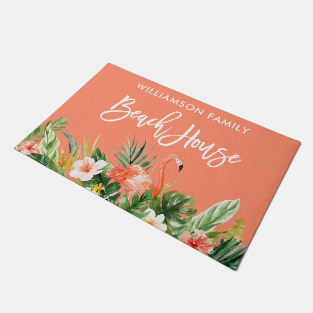Brush Script Tropical Coral Floral Beach House Doormat (Angled)