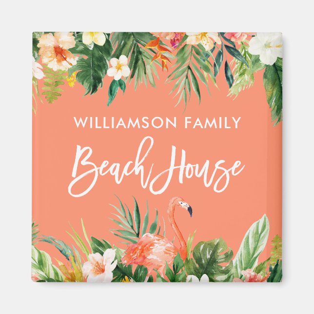 Brush Script Tropical Coral Floral Beach House Magnet (Front)