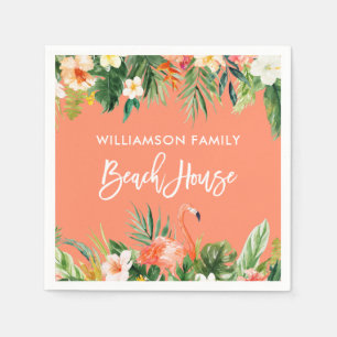 Brush Script Tropical Coral Floral Beach House Napkin