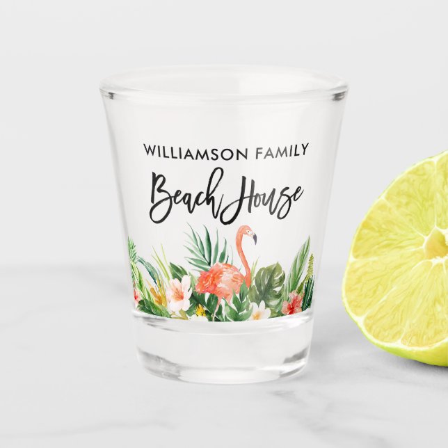 Brush Script Tropical Coral Floral Beach House Shot Glass (Front)