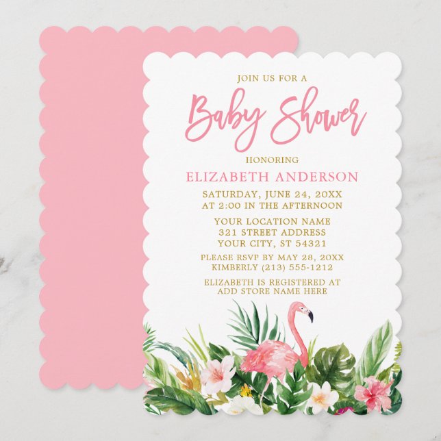 Brush Script Tropical Floral Baby Shower Gold Invitation (Front/Back)