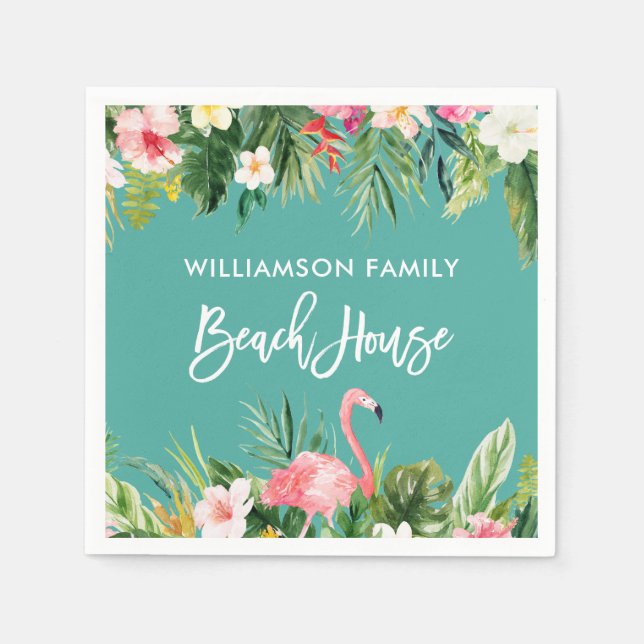 Brush Script Tropical Floral Beach House Napkin (Front)