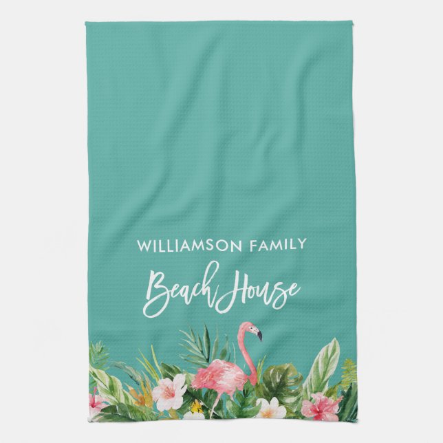 Brush Script Tropical Floral Beach House Tea Towel (Vertical)
