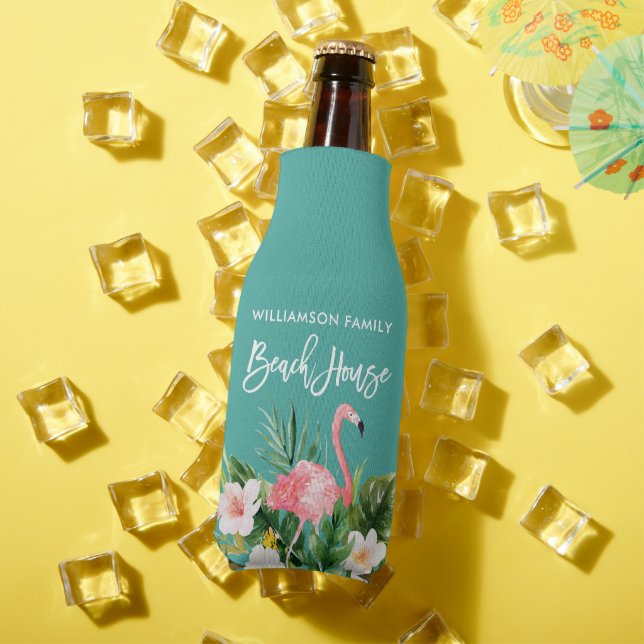 Brush Script Tropical Floral Family Beach House Bottle Cooler (In Situ Summer)