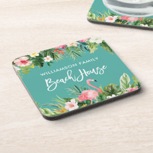 Brush Script Tropical Floral Family Beach House Coaster