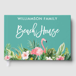 Brush Script Tropical Floral Family Beach House Guest Book