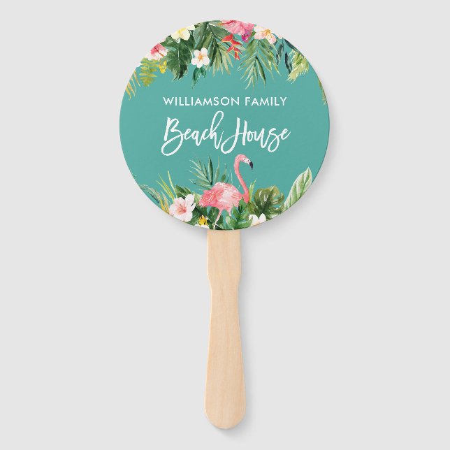 Brush Script Tropical Floral Family Beach House Hand Fan (Front)