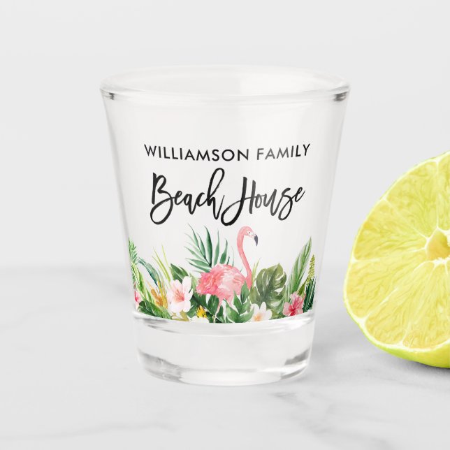 Brush Script Tropical Floral Family Beach House Shot Glass (Front)
