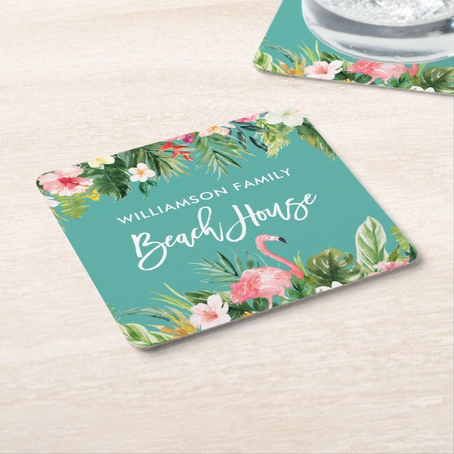 Brush Script Tropical Floral Family Beach House Square Paper Coaster (Angled)