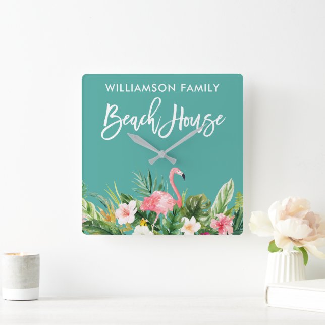 Brush Script Tropical Floral Family Beach House Square Wall Clock (Home)