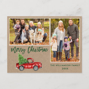 Brush Script Truck 2 Photo Kraft Christmas Postcard