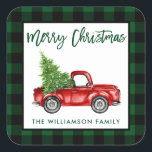 Brush Script Truck Christmas Green Plaid L Square Sticker<br><div class="desc">Brush Script Watercolor Red Vintage Truck with Christmas Tree - Merry Christmas Family Name Sticker - Green Plaid</div>