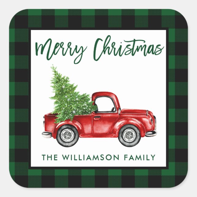 Brush Script Truck Christmas Green Plaid L Square Sticker (Front)