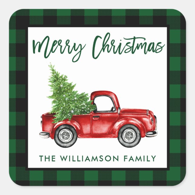 Brush Script Truck Christmas Green Plaid Square Sticker (Front)