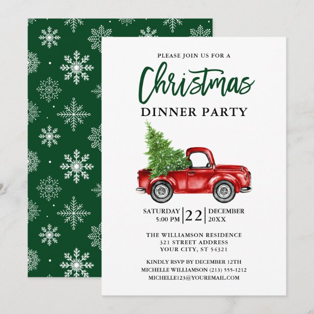 Brush Script Truck Christmas Party Green Invitation (Front/Back)