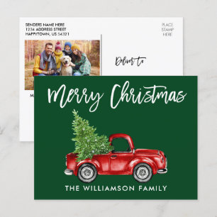 Brush Script Truck Christmas PHOTO BACK Green Postcard