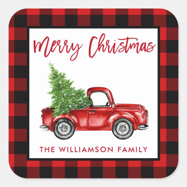 Brush Script Truck Christmas Red Plaid L Square Sticker (Front)