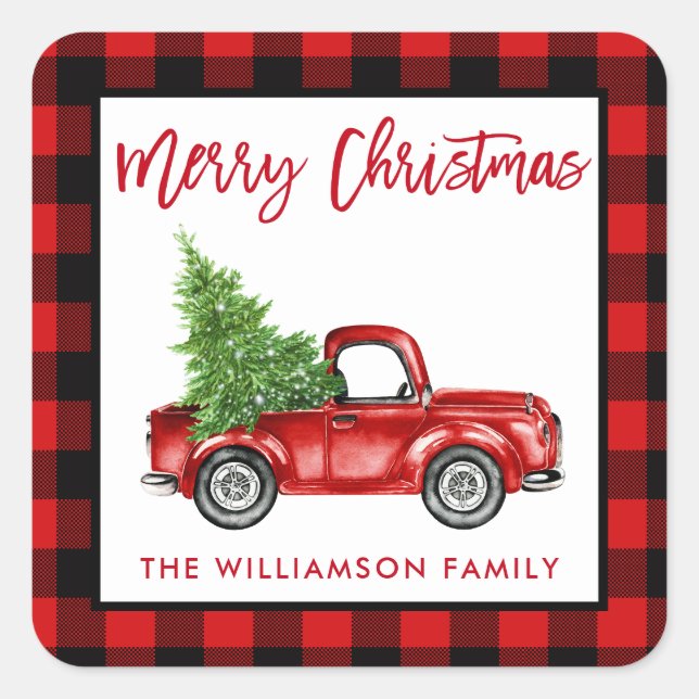 Brush Script Truck Christmas Red Plaid Square Sticker (Front)