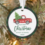 Brush Script Truck First Christmas Green Plaid Ornament<br><div class="desc">Modern Red Brush Script First Christmas Watercolor Vintage Red Truck with Christmas Tree Ornament - Green Plaid</div>