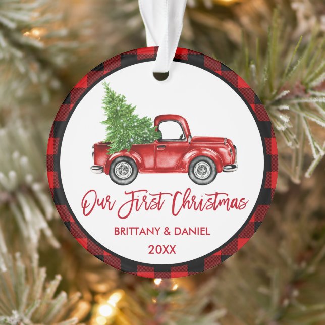 Brush Script Truck First Christmas Red Plaid Ornament (Tree)