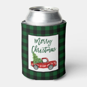 Brush Script Truck Green Plaid Christmas Can Cooler