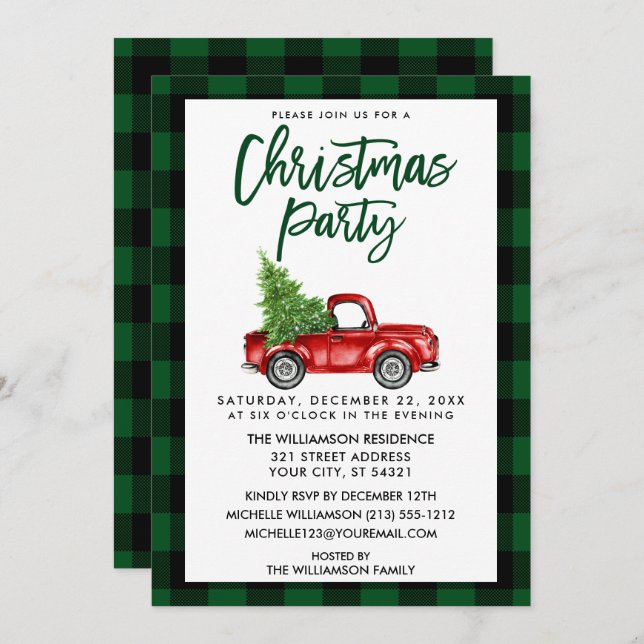 Brush Script Truck Green Plaid Christmas Party Invitation (Front/Back)