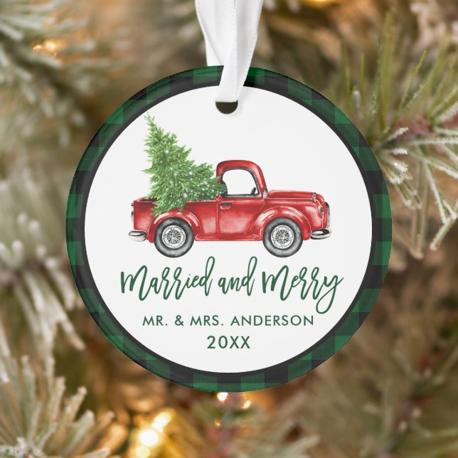 Brush Script Truck Green Plaid Married Merry Ornament (Tree)