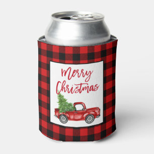Brush Script Truck Red Plaid Christmas Can Cooler