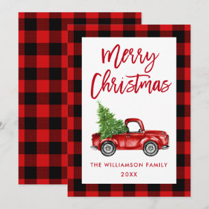 Brush Script Truck Red Plaid Christmas Card