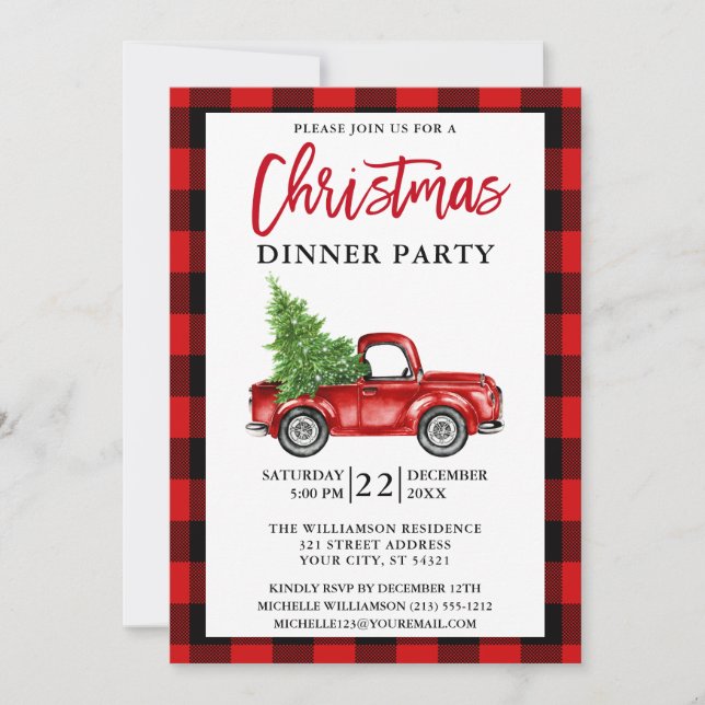 Brush Script Truck Red Plaid Christmas Dinner Invitation (Front)