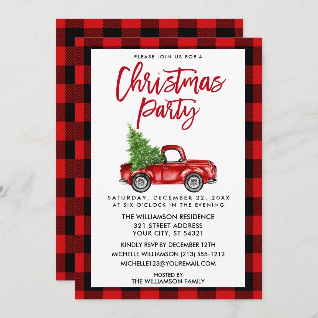 Brush Script Truck Red Plaid Christmas Party Invitation (Front/Back)