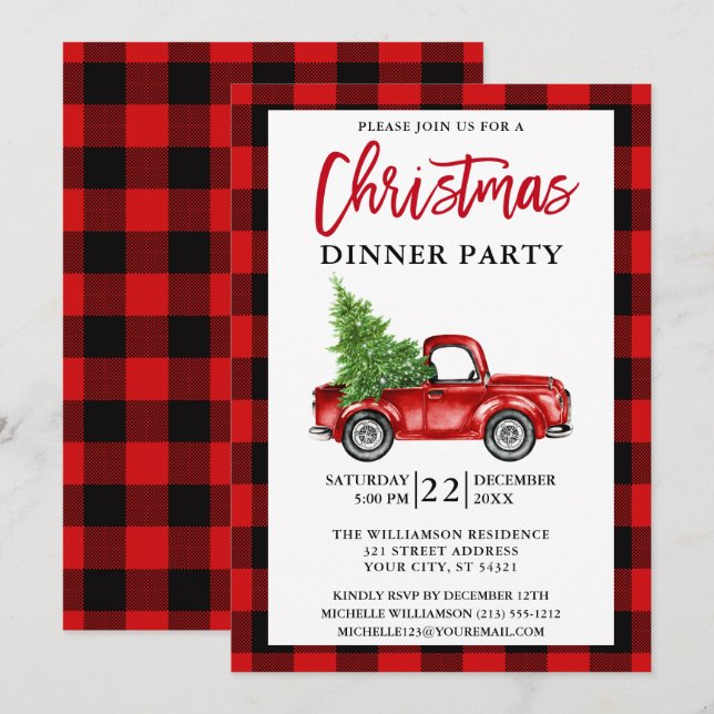 Brush Script Truck Red Plaid Christmas Party Invitation (Front/Back)