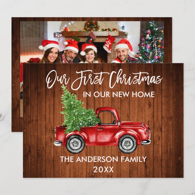 Brush Script Truck Wood First Christmas Home Photo Holiday Card (Front/Back)