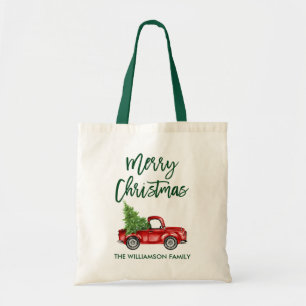 Brush Script Vintage Red Truck Green Christmas Tote Bag