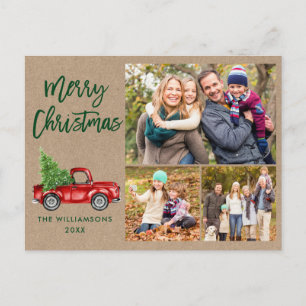 Brush Script Vintage Truck 3 Photo Christmas Kraft Postcard