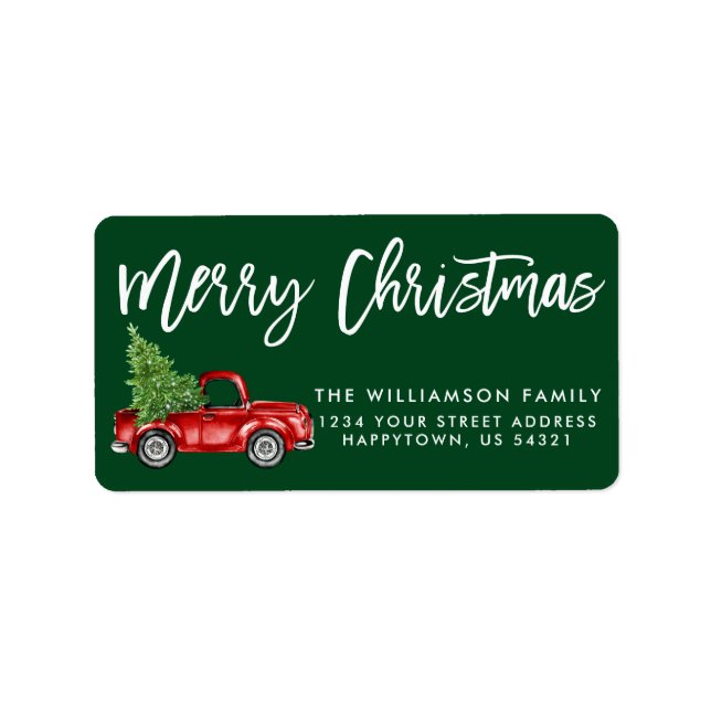 Brush Script Vintage Truck Christmas Green Label (Front)